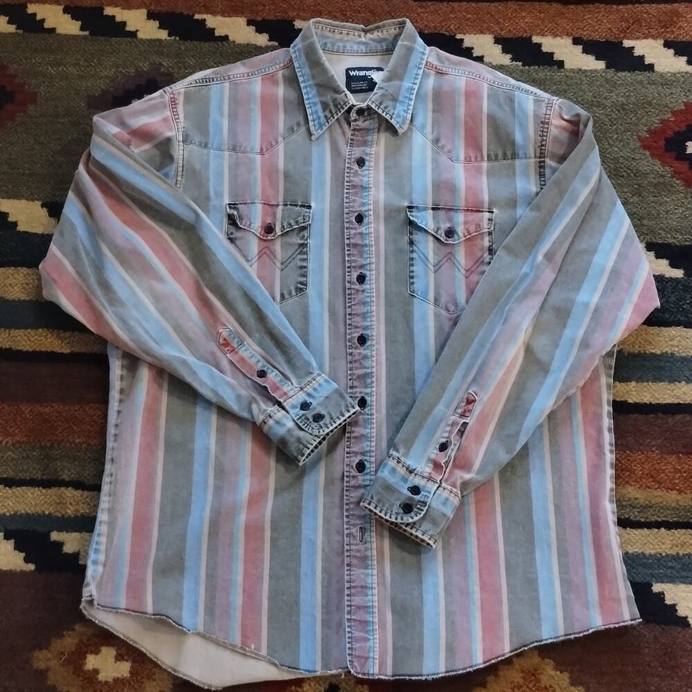 VINTAGE WRANGLER 1980s Striped BRUSHPOPPER Cotton Buttoned Shirt 18-36 (XL) Mens